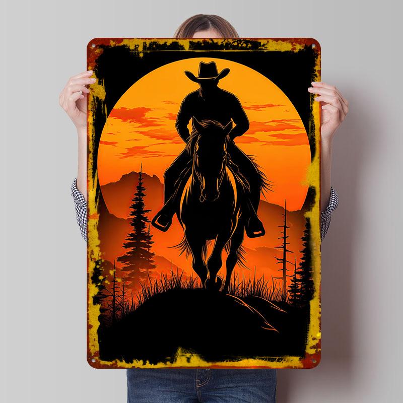 

Cowboy Silhouette Sunset Metal Poster Customized Wall Art Retro Vintage Tinplate Signs for Gaming Room Decoration At Home Decor 20x30cm（7.8x11.8inch）