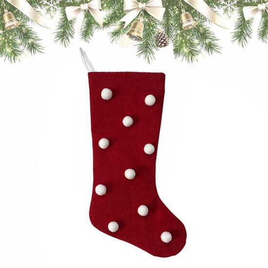 Christmas Stockings with Hanger Bowknot Plush Balls Decor Striped Print Candy Holder Festive Tree Decoration