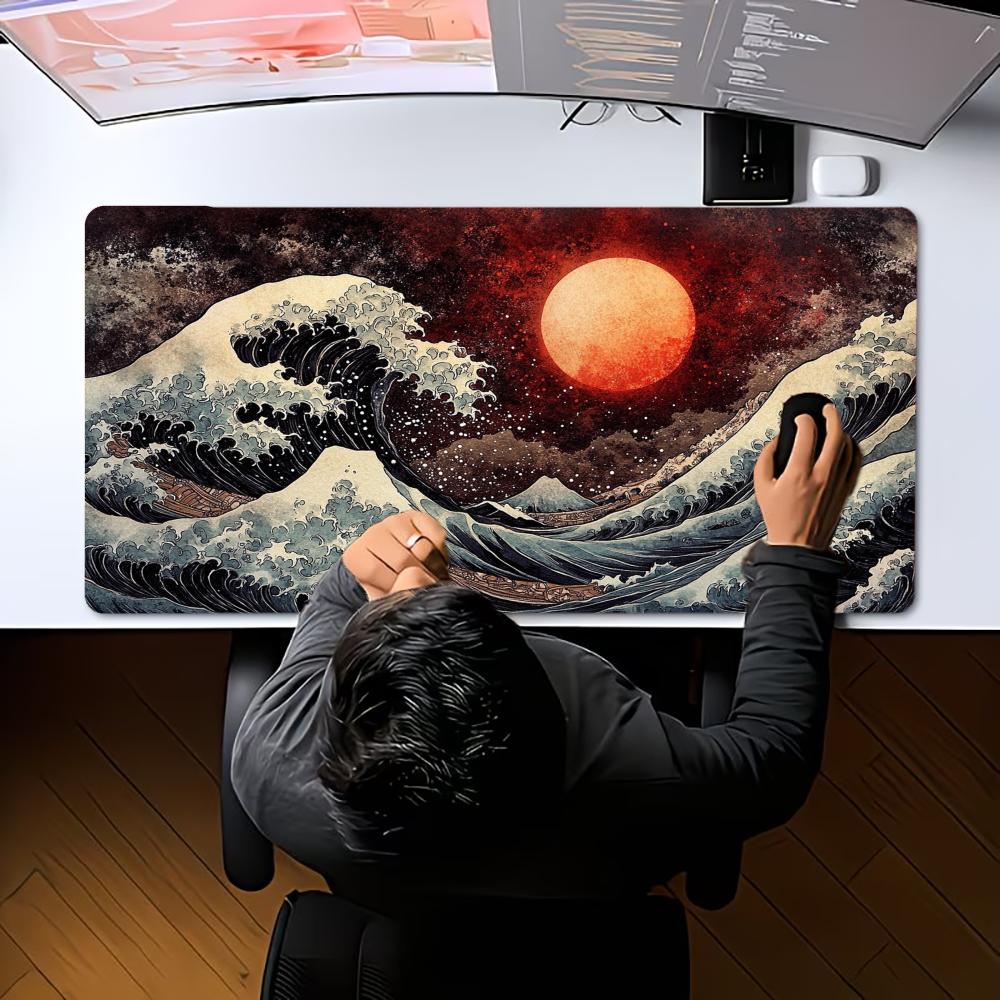 Large Ukiyo‑e Big Wave Red Sun Mousepad XXL Deskmat Non‑Slip Rubber Game Mouse Mat Computer Keyboard Mats Gamer Accessories
