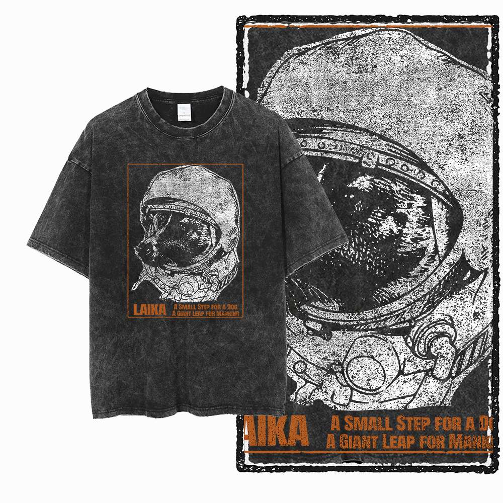 G Acid Washed Black Cotton Unisexs Streetwear Dog Laika GraphicTshirt Big Size Cool Vintage Oneck Unisexs Tee Tshirt