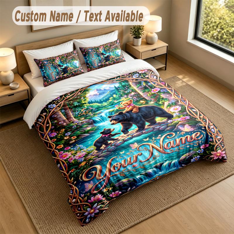 Bear Panda Theme Personalized 3Pcs Bedding Set Custom Text & Name 1 Sheet 2 Pillowcases Household Bedding 1pc