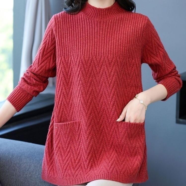 Women's Loose Mid-length Sweater Autumn Winter Thickened crew neck Solid Color Sweater with Pockets