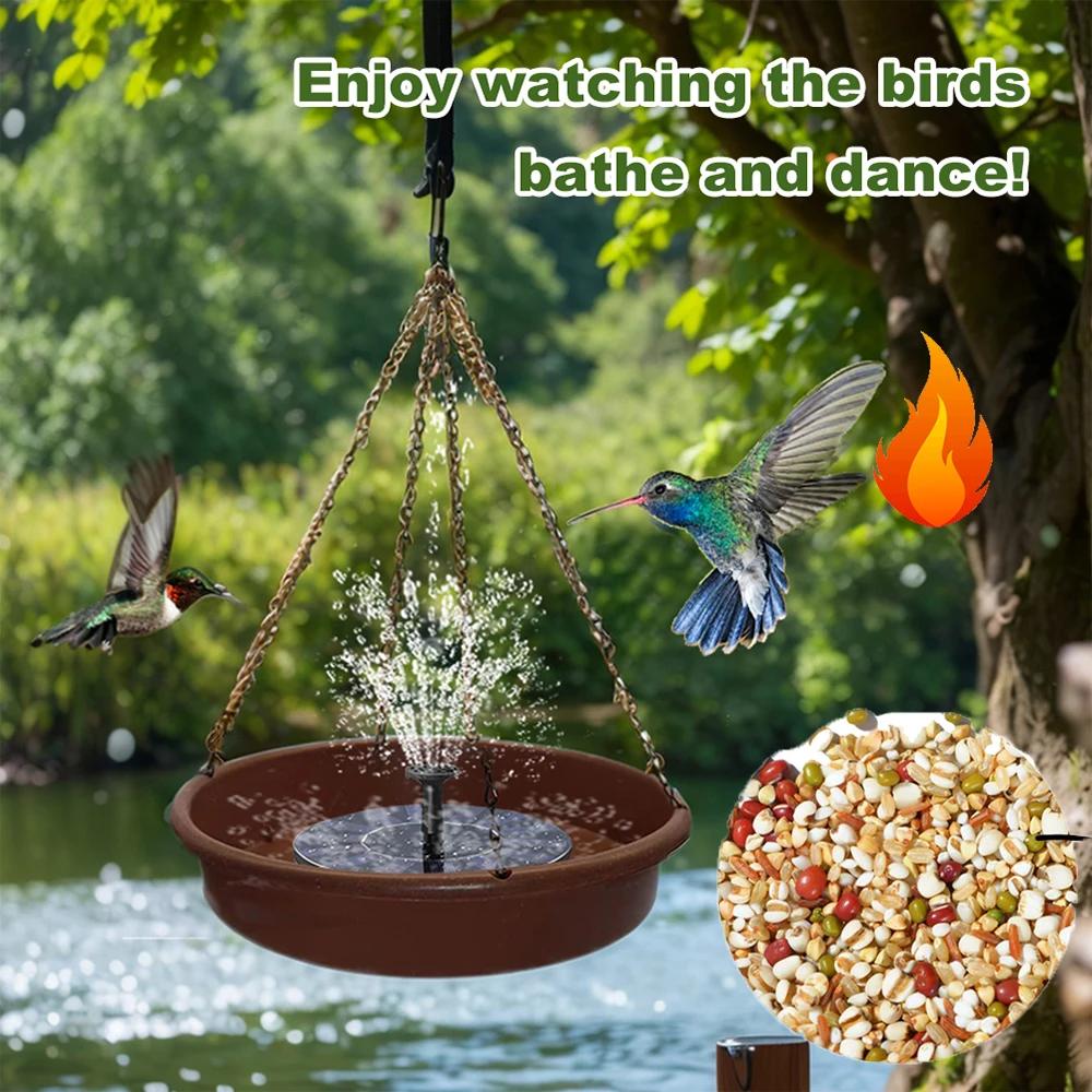 Solar Powered Hummingbird Food Feeder Hand Blown with Solar Fountain Pump Water Feeding Bowl for Outdoor Garden Yard Decoration