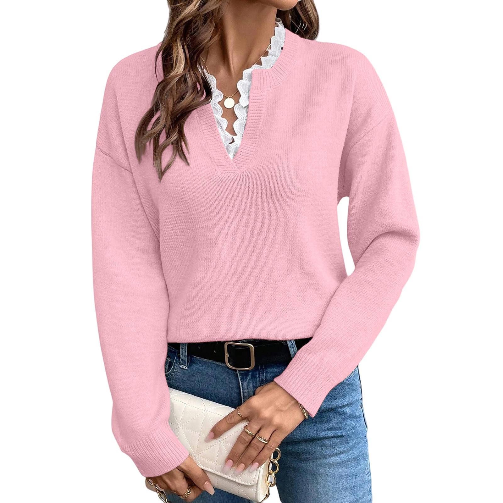 

Ladies Fashion Lace Lace V,neck Sweater Color Loose Long Sleeve Women s Knitted Sweater M рожевий