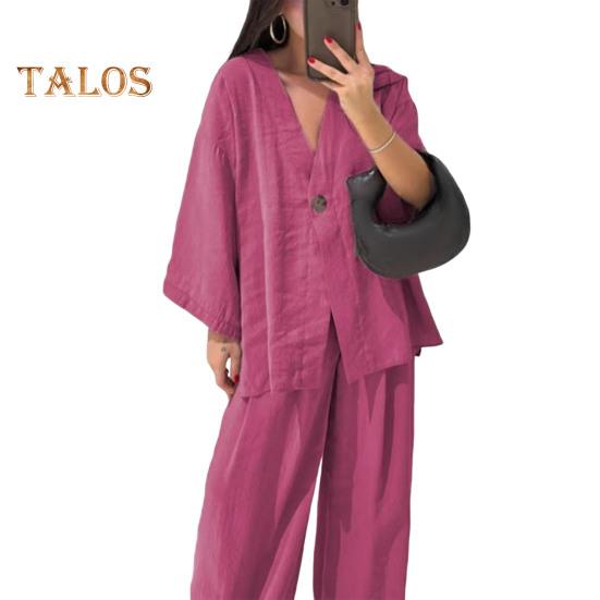 Conjunto holgado de dos piezas para mujer Camisas de manga larga con cuello en V y un botón Conjunto de pantalones de cintura alta Conjunto casual para estar en casa