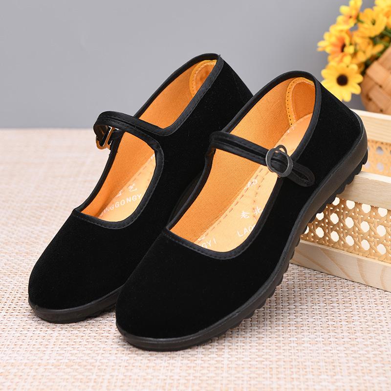Polyurethane velvet women's single black flat heel square dance etiquette tooling hotel waiter cloth shoes ethnic style