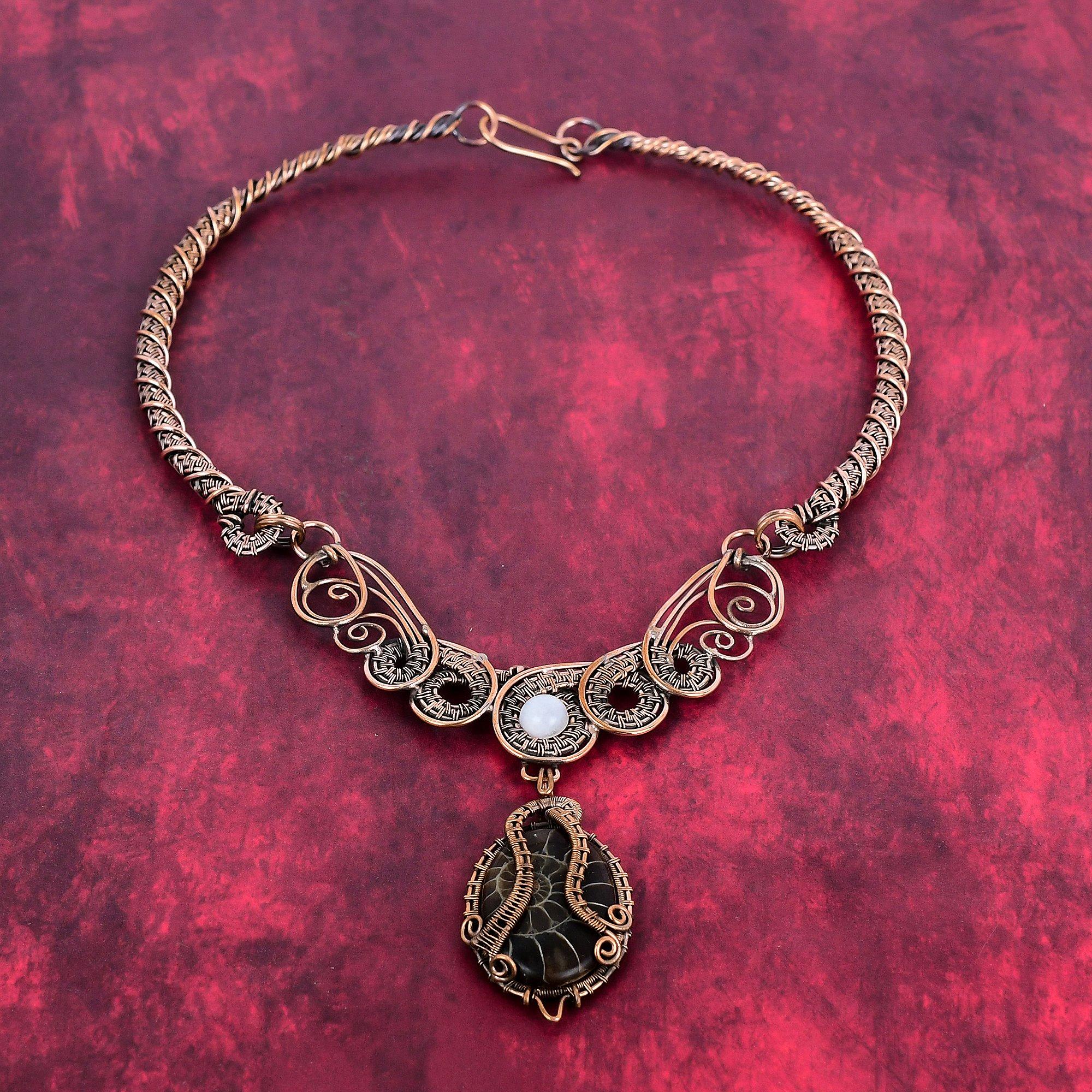Ammonite fossil necklace copper wire wrapped necklace rainbow moonstone necklace gemstone copper jewelry engagement gifts handmade necklace