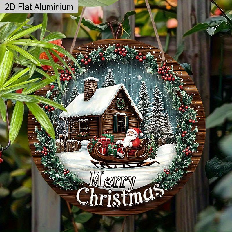 Panneau Joyeux Noël Plat en Aluminium 2D avec Motif Père Noël & Maison - Ornements Figurines Hivernales Chaudes - Idéal pour Porte d'Entrée, Mur, Porche, Fenêtre