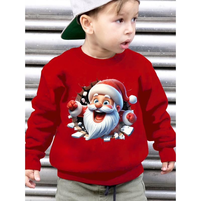 European Sizes Kids Fashion Plus Velvet Round Neck Brushed Sweatshirt The Wall Santa Claus Cartoon Pattern Printing Loose Casual Long Sleeve Pullover
