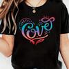 Women's and Girls' Valentine's Day Love Heart Graphic T-Shirt - Casual Black Tee with Colorful Swirls, Short Sleeve, Round Neck