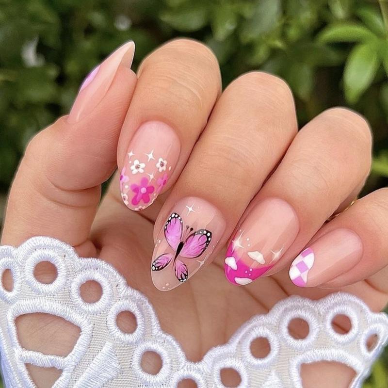 

24 Pcs Flowers Artificial Nail French Tip Press On Nail Short Almond Stick On Nail Butterfly False Nail for Party 1