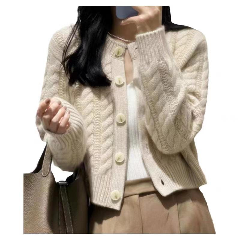 Women's Autumn Wool Cardigan - Round Neck Twist Knit Sweater, Solid Color Loose Fit