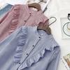Spring Autumn Women Vintage Stand Collar Cotton Shirt Ruffles Full Sleeve Loose Blouse Casual Office Wear