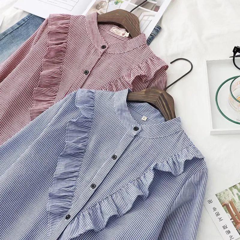 Spring Autumn Women Vintage Stand Collar Cotton Shirt Ruffles Full Sleeve Loose Blouse Casual Office Wear