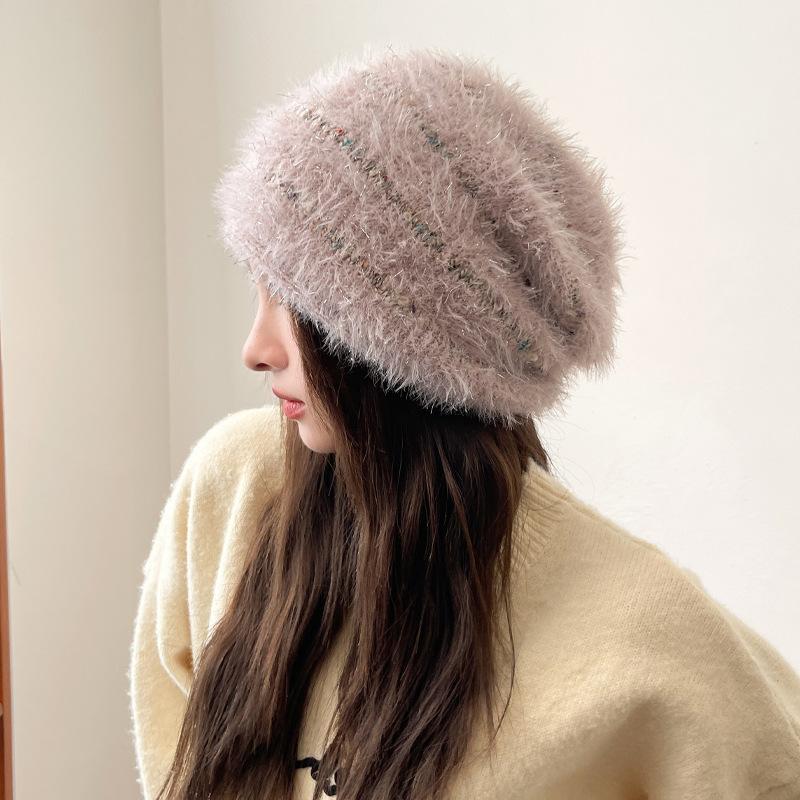 Korean Version of Women's Autumn and Winter New Knitted Wool Hat Fashionable and Versatile Bright Plush Hat Winter Warm Pullover Hat