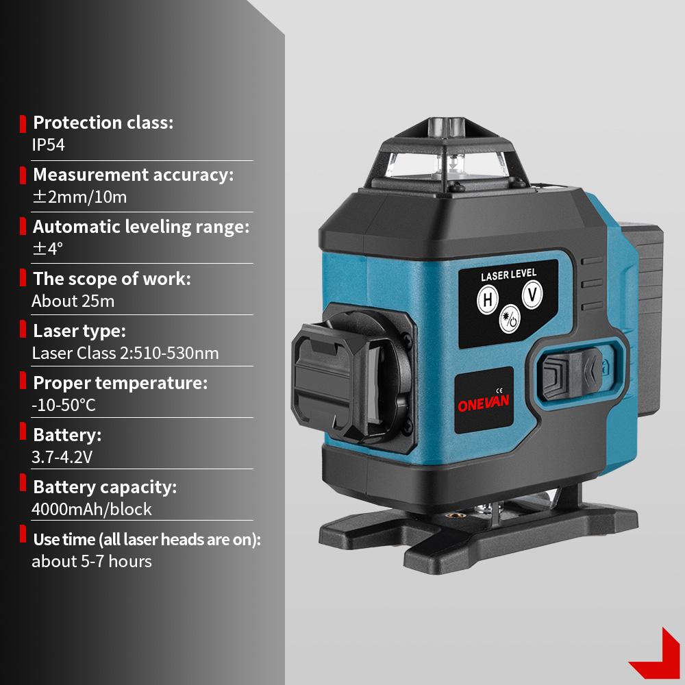 ONEVAN 16řádkový 4D laserový vodováha Samonivelační 360 horizontální a vertikální křížový Super výkonný zelený laserový vodováha se 2 bateriemi