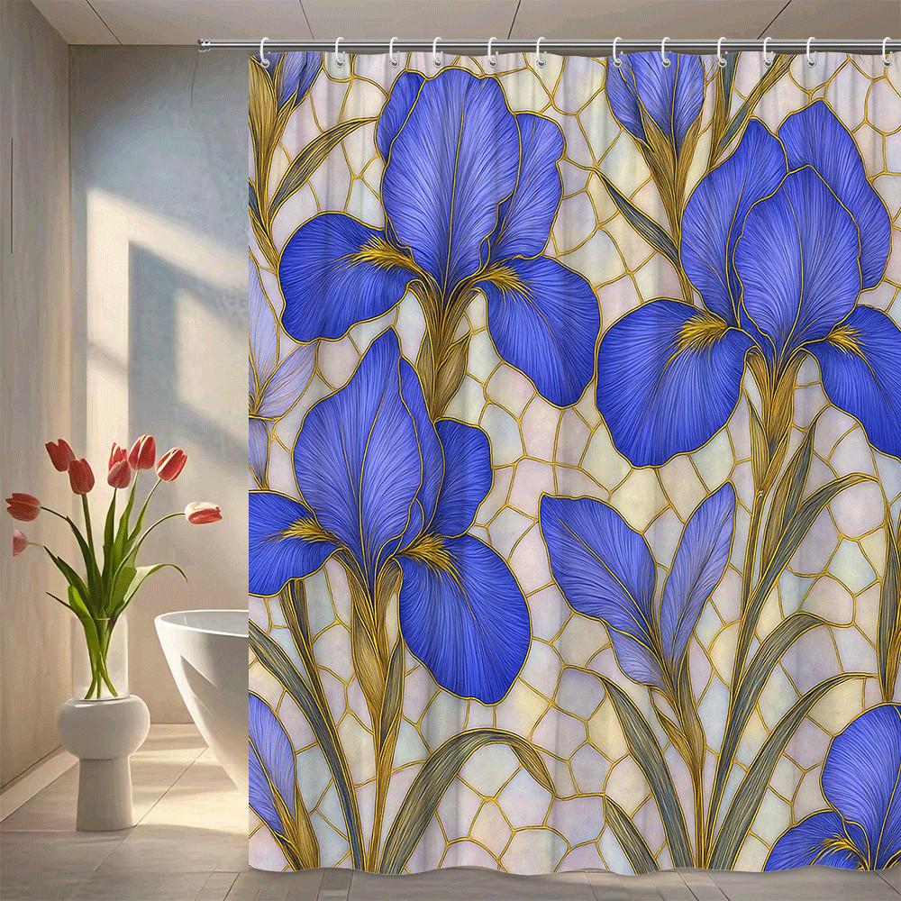 

Stained Glass Blue Iris Flower Shower Curtain Machine Washable All Season Waterproof Privacy Protection Simple Installation W60H190(CM)-1 Pcs