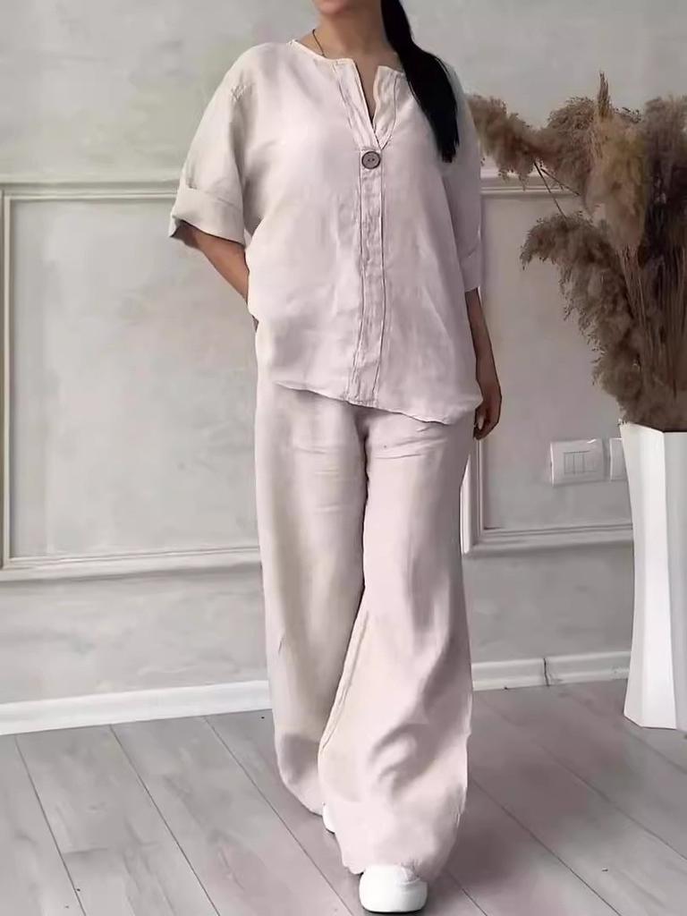 Women 2-Piece Outfit Long Sleeve Button Blouse & Wide Leg Pants Set Casual Solid Linen Look Suit S-5XL