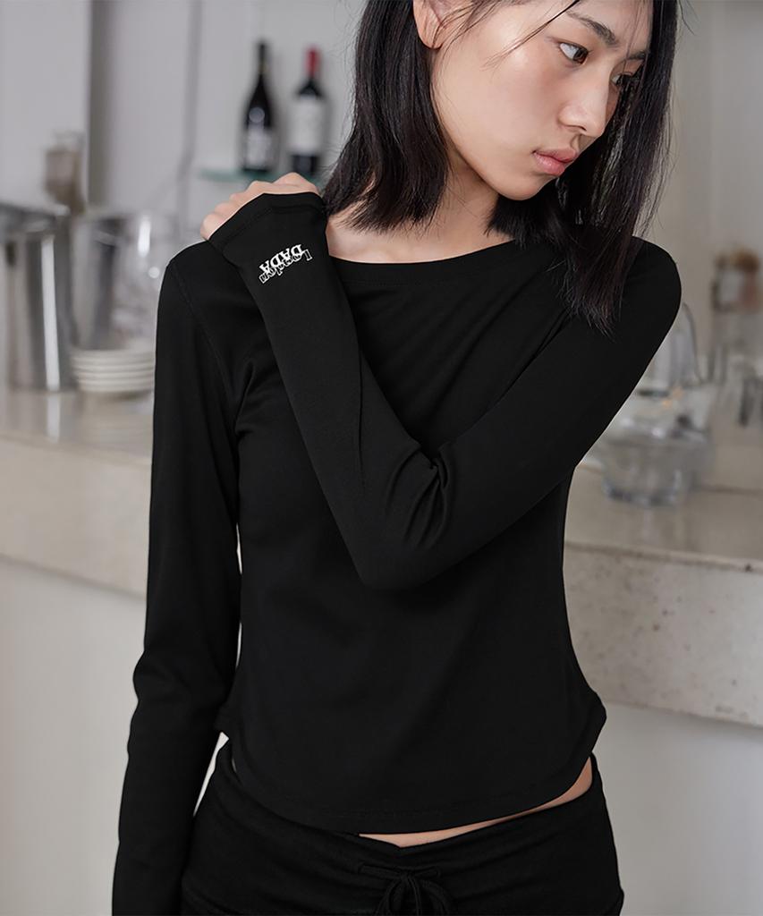 Leondeondada Cropped Round-Hem Long Sleeve Top, Black
