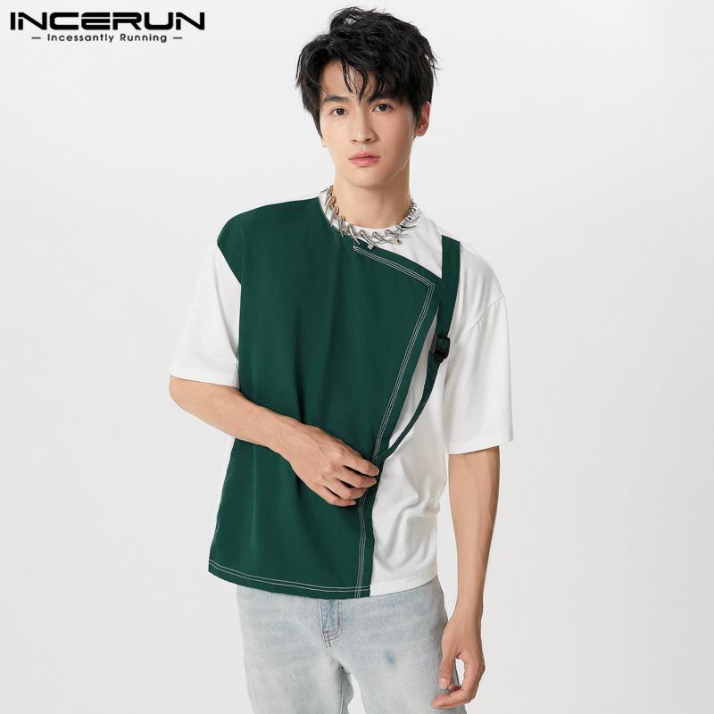 INCERUN Men O Neck Short Sleeve Tops Summer Patchwork T-shirts