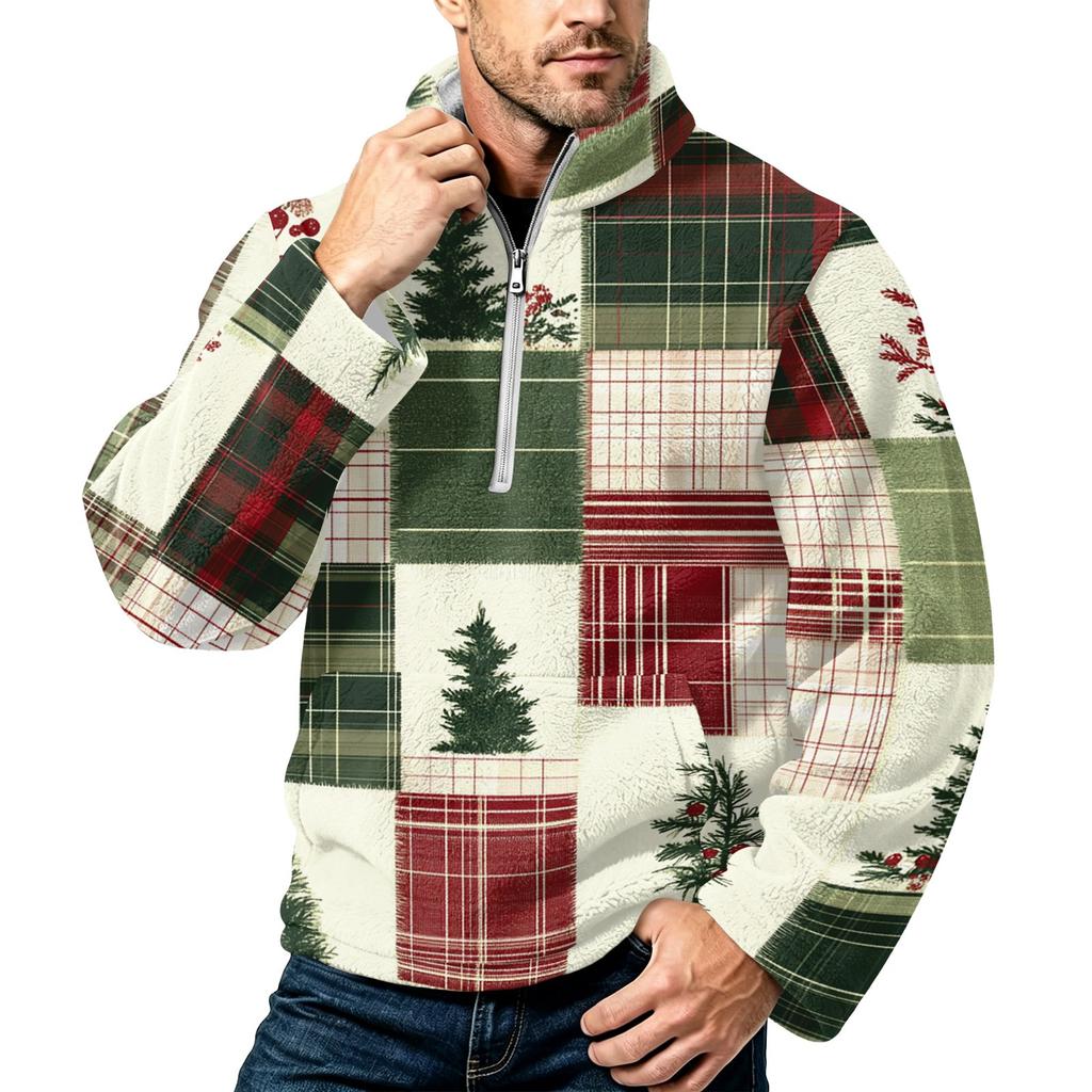 Men's Christmas Print Zip-Up Sweatshirt with Stand Collar, Plus Size Flannel Top for Fall Winter