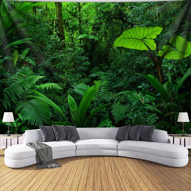 2D Flat Printed Jungle Forest Tapestry, Vibrant Green Rainforest Wall Art Background Cloth