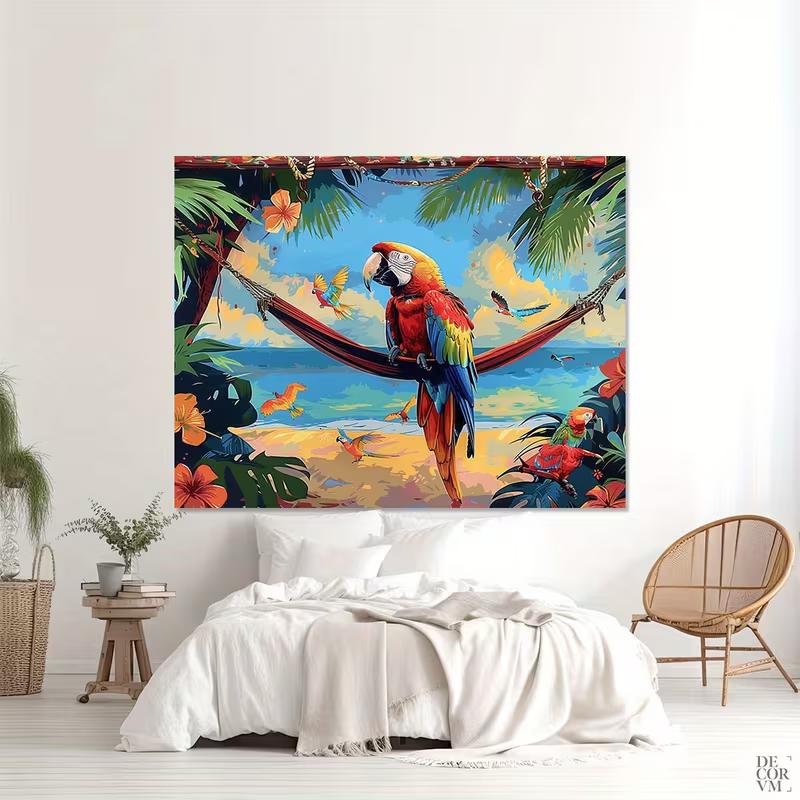 Tropical Parrot Beach Tapestry, Colorful Macaw Hammock Background Cloth, Summer Wall Decor