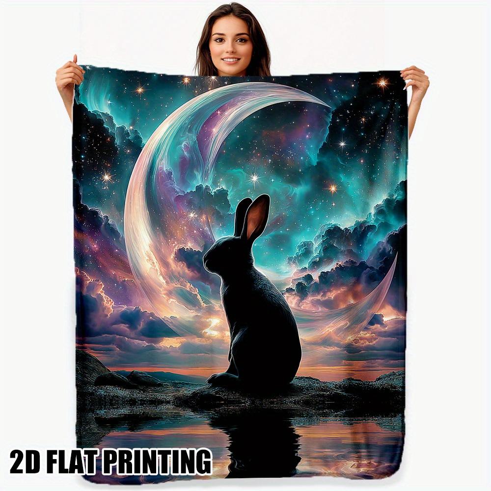 

1pc Lightweight & Soft Rabbit & Crescent Moon Print Flannel Throw - Cozy All-Season Bedspread/Blanket, Travel or Office Use 75x90cm28x35in
