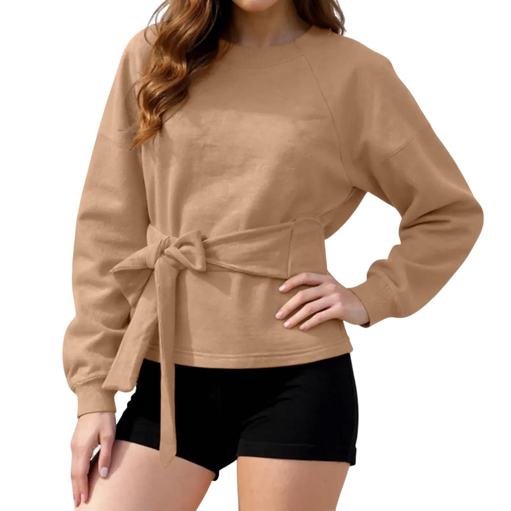Women's Solid Color Long Sleeved Casual Round Neck Belt Bow Sports Shirt Pullover Top