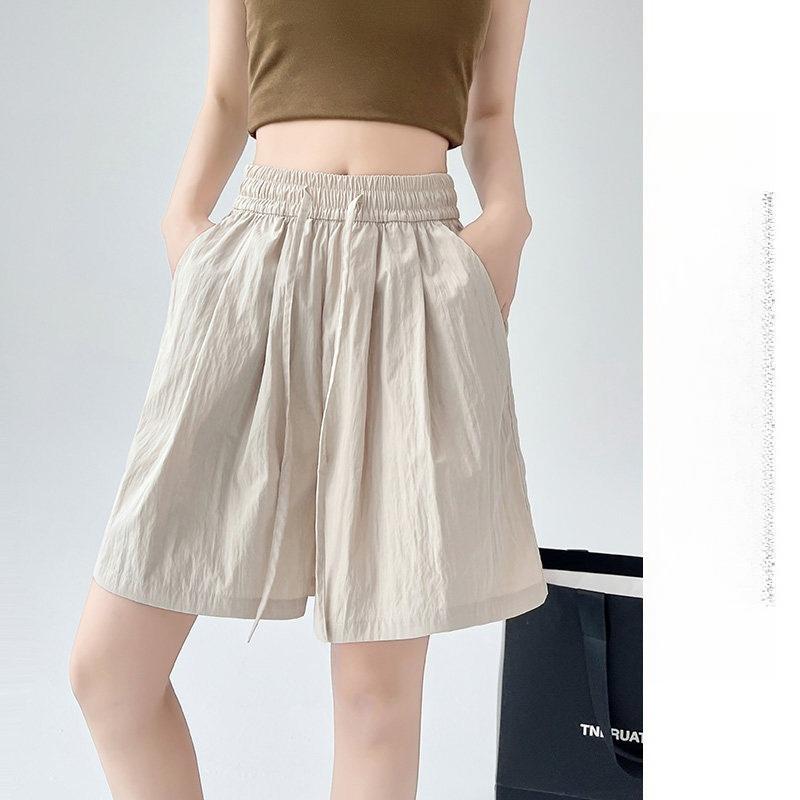 

Summer Women Shorts Casual Solid Two Pockets Elastic Waist Shorts high Waist Loose Shorts For Girls Soft Female Beach Shorts XL бежевий