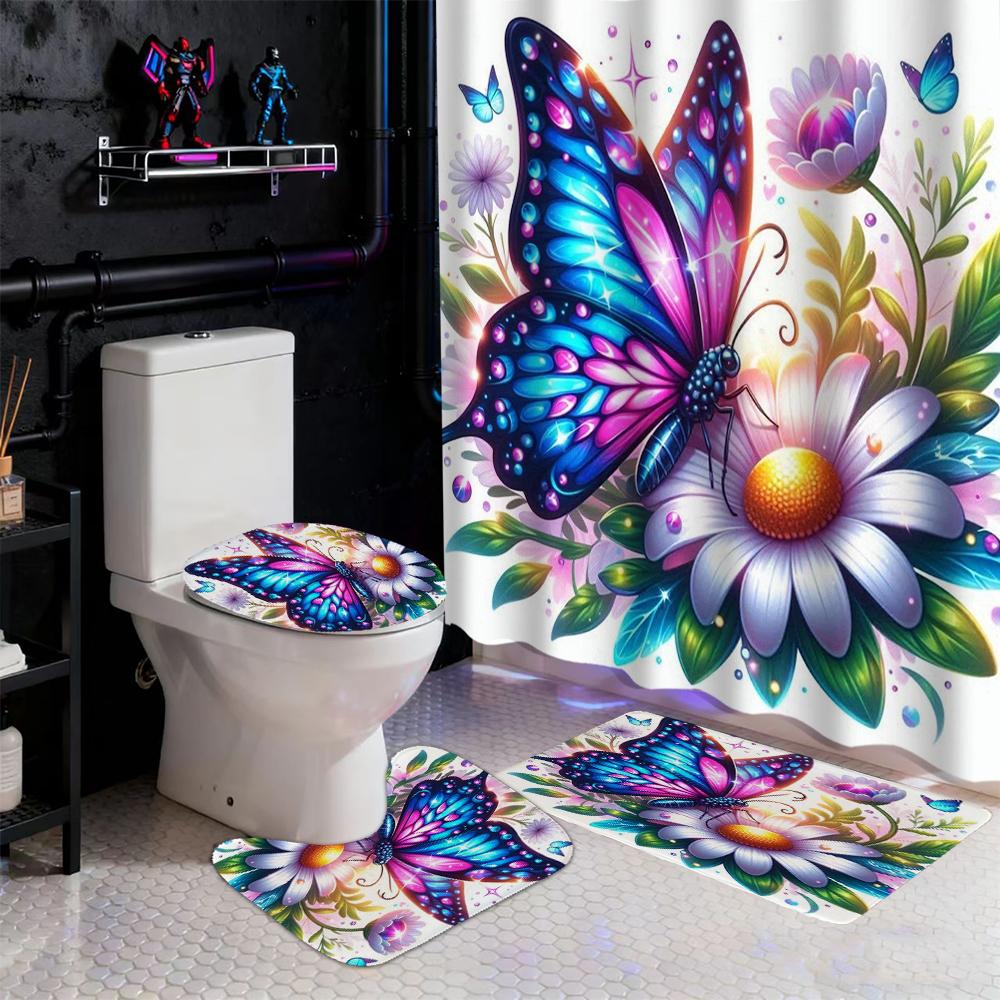 Animal Butterfly Pattern Shower Curtain Bath Sets Waterproof Non-Slip Bathroom Rug Toilet U With 12 Hooks Home Deco