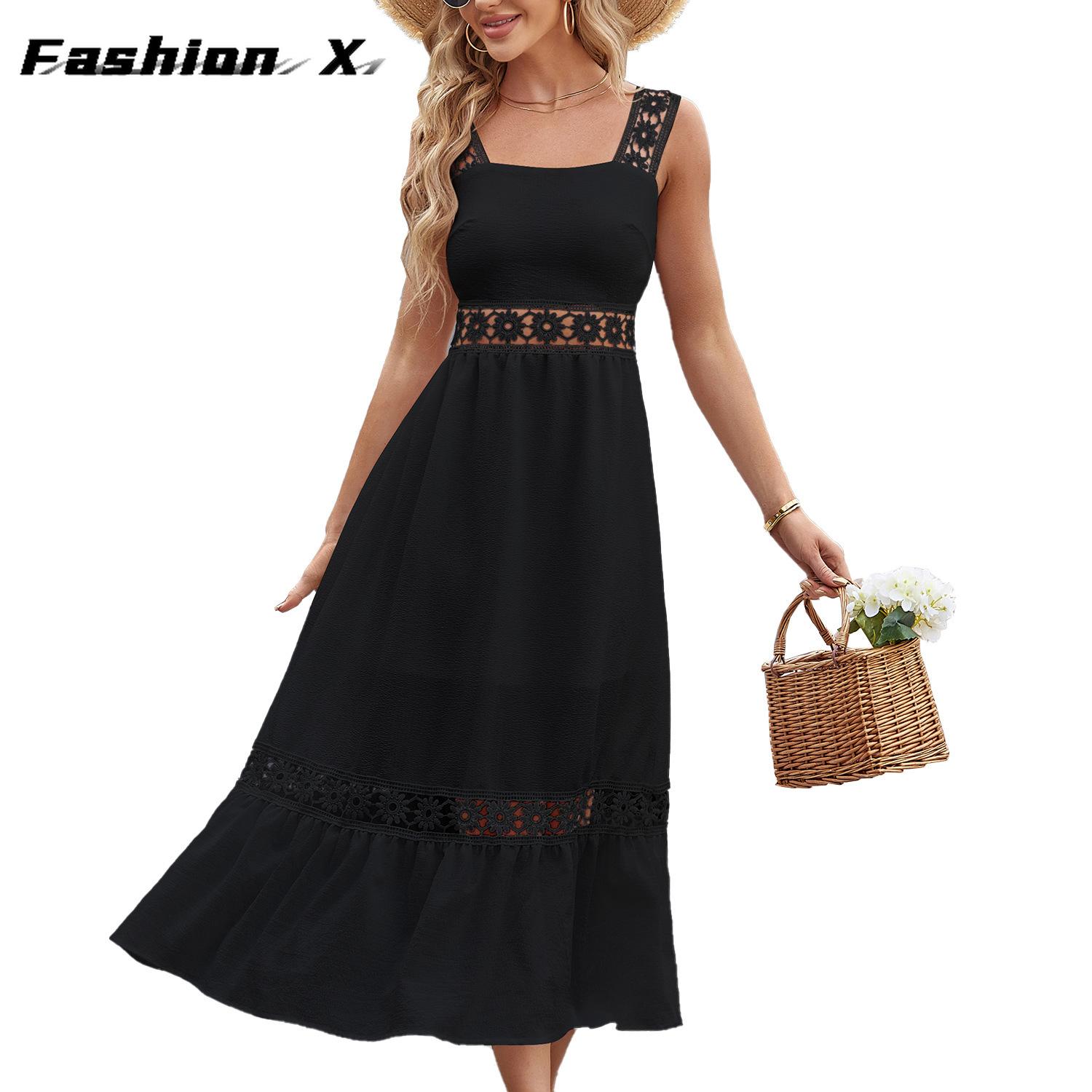 

Сплошные платья с бретельками без рукавов и квадратным вырезом в Европе и США XXL чёрный