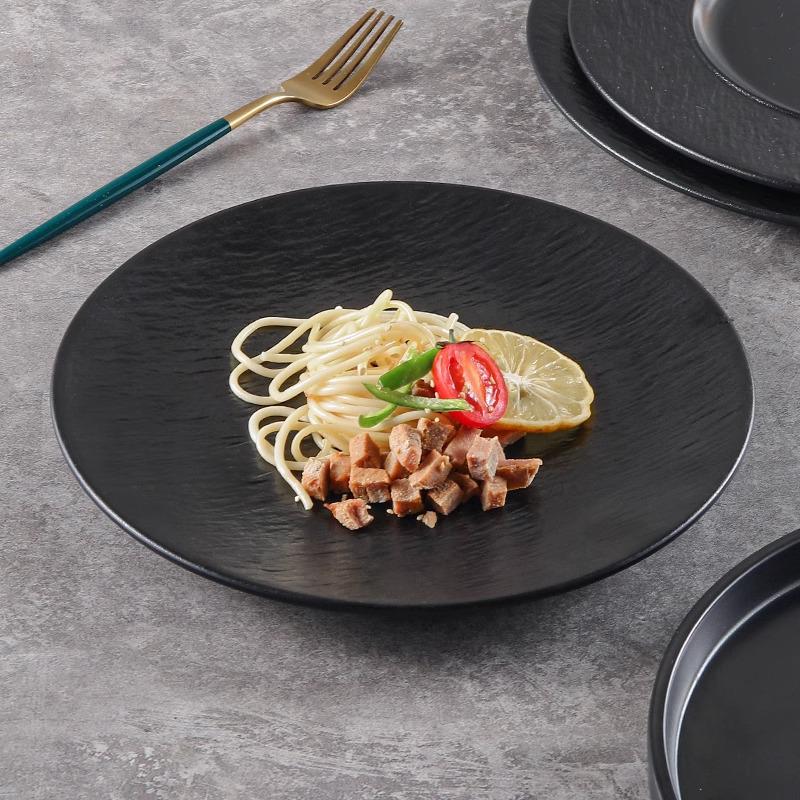 Melamine Black Round Plate for Pasta, Steak, Hot Pot, BBQ, and Tableware