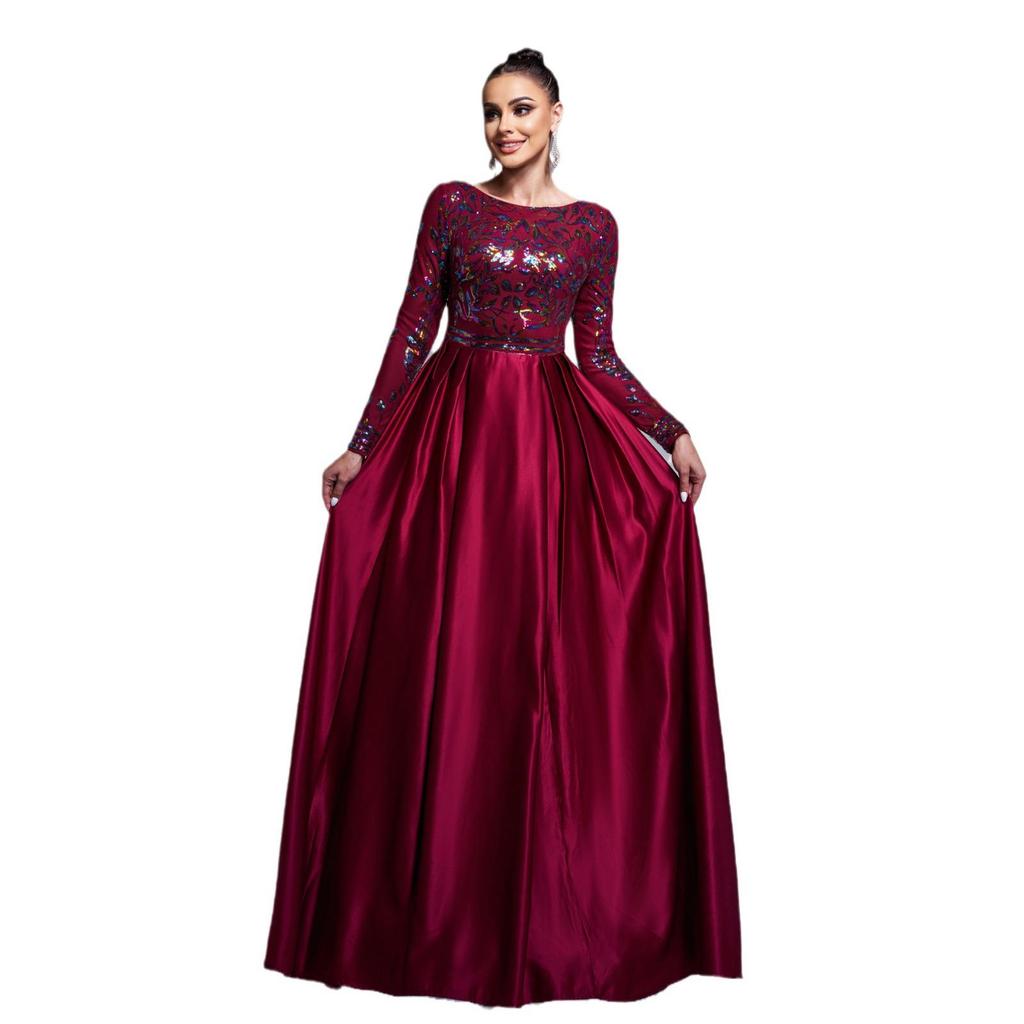 Elegantes europäisches & amerikanisches Langarm-Pailletten-Abendkleid