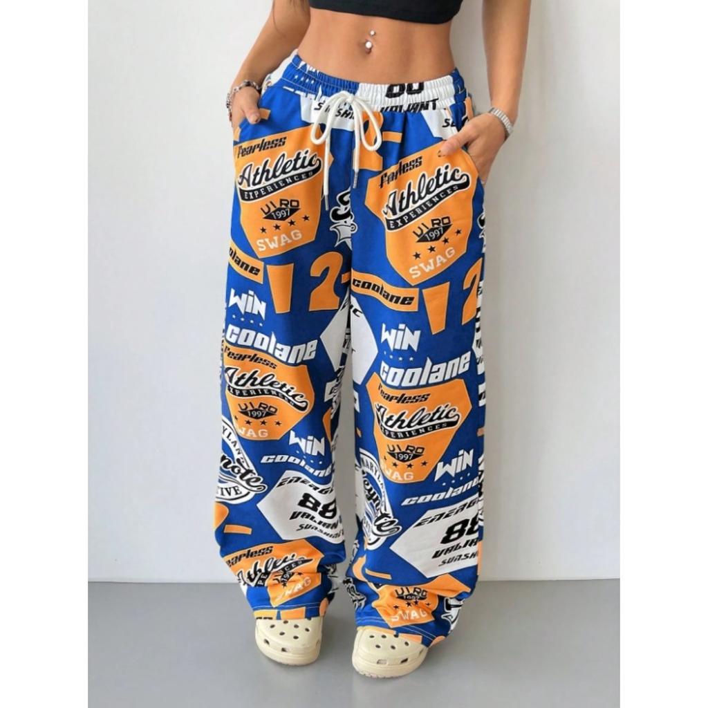 Pantaloni Larghi da Donna a Vita Media con Coulisse, Stampa Graffiti Hip Hop, Pantaloni Casual Larghi con Tasche Laterali