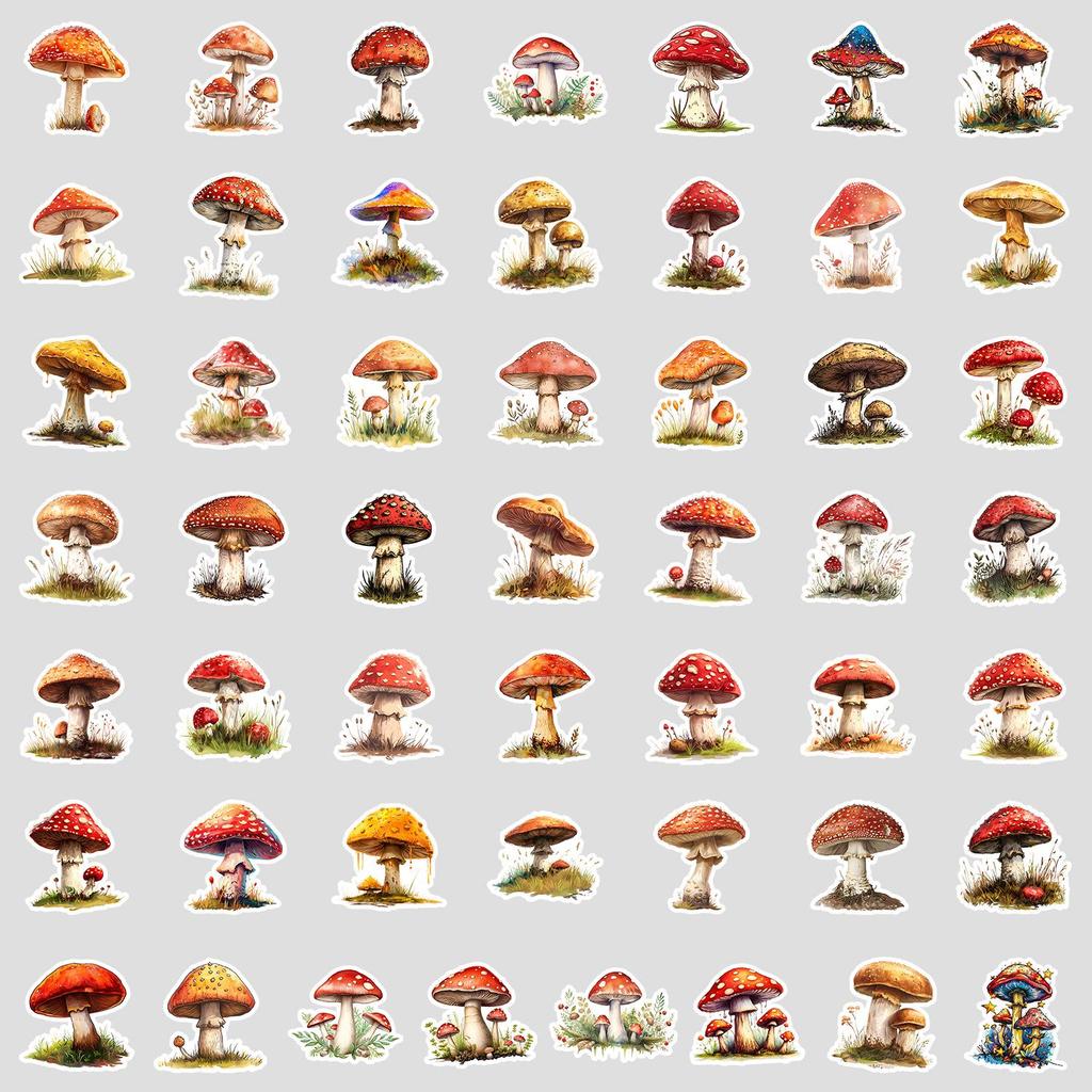 50 Watercolor Mushroom Doodle Stickers: Waterproof Decorative and Creative Fungi Stickers for Phone, Computer, and Stationery
