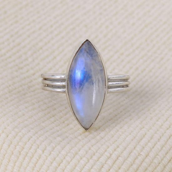 

Кольцо ручной работы Маркиза Лунный камень – Серебро 925 пробы Бохо Винтажные украшения для женщин, Натуральный радужный драгоценный камень Обручальное кольцо 12 серебряный