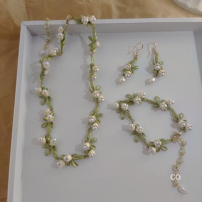 -of-the-valley Flower Pearl Earrings, Bracelet, And Necklace Set.