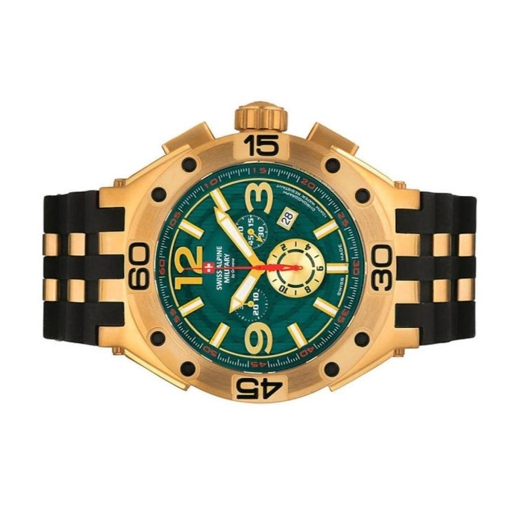 Swiss Alpine Military Aviator Supersize Chronograph Rubber Strap Green Dial Quartz 7033.9814 100M Men's Watch