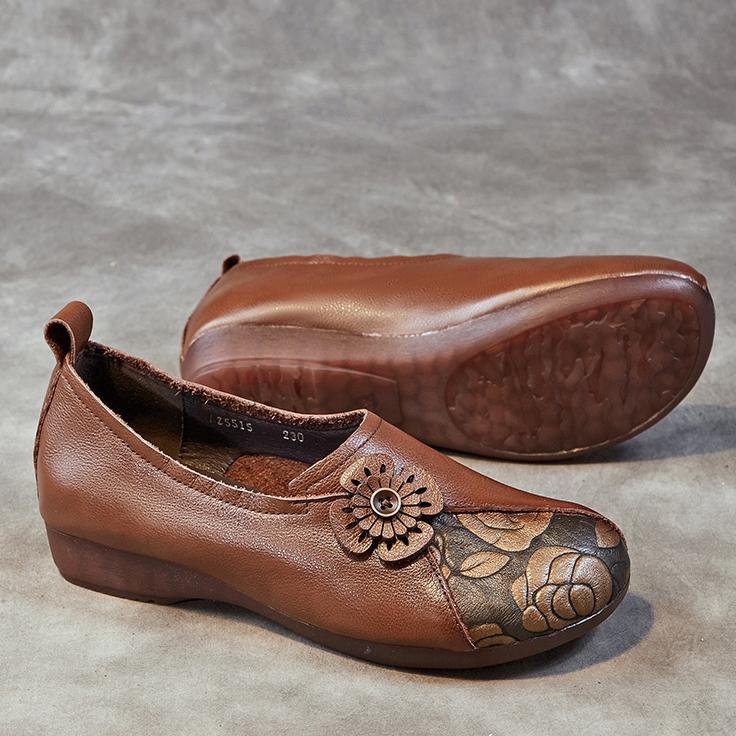 Johnature Damen-Schlupfschuhe aus echtem Leder im ethnischen Stil mit Retro-Druck, handgefertigte flache Schuhe mit weicher Sohle