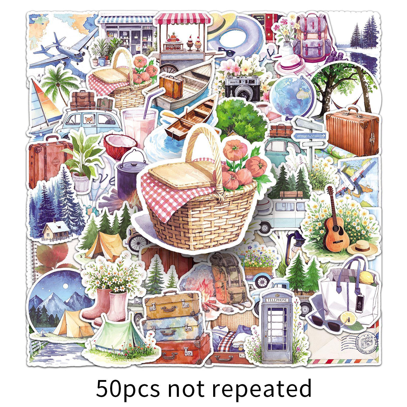 

50 Outdoor Travel Graffiti Stickers Cartoon Small Fresh Hand-painted Watercolor Wind Camping Decorative Water Cup Mobile Phone Stickers