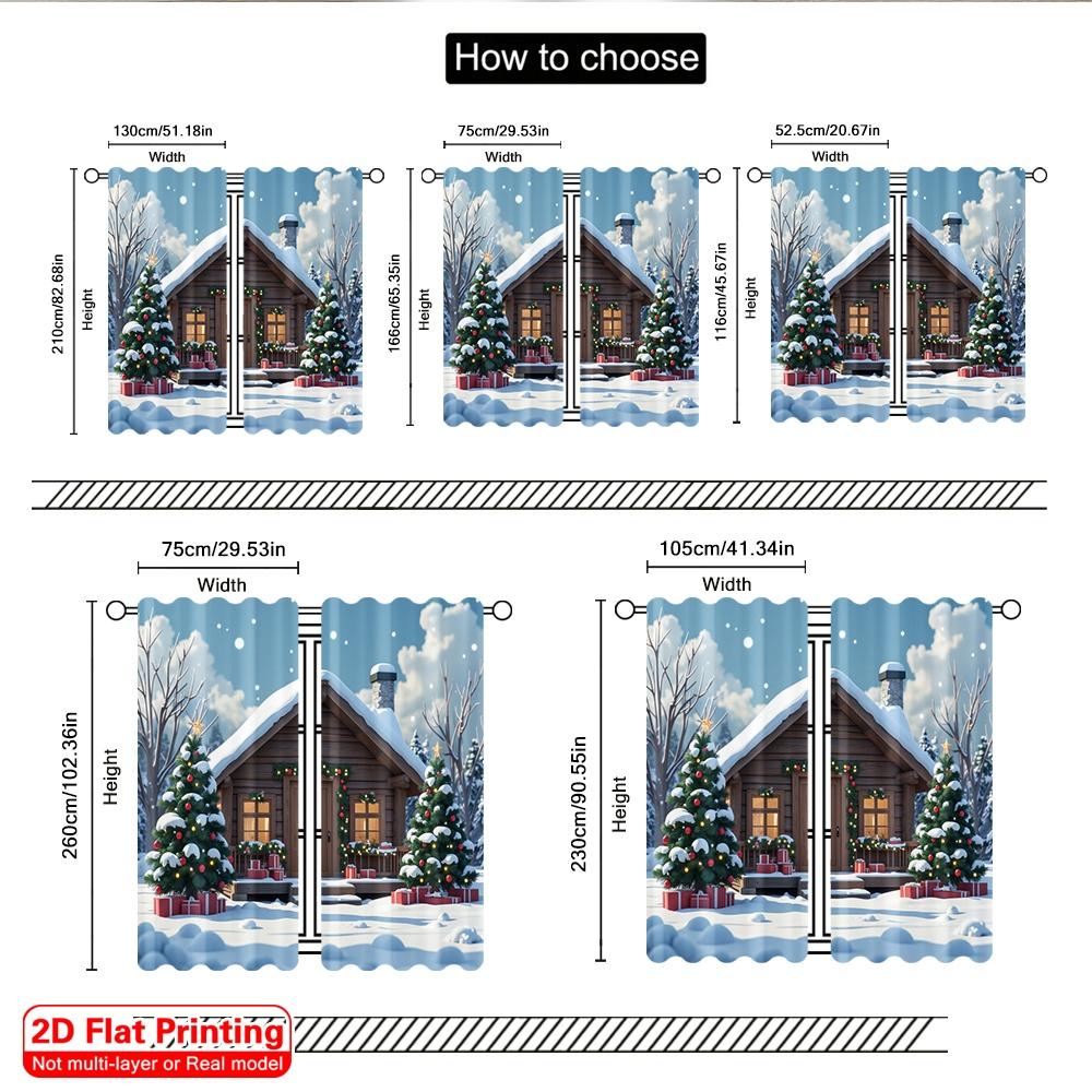 2pcs 2D Flat Printing Merry Christmas Popular Window Curtains Cozy Cabin Christmas Snow Gifts 100% Polyester Without Electricity