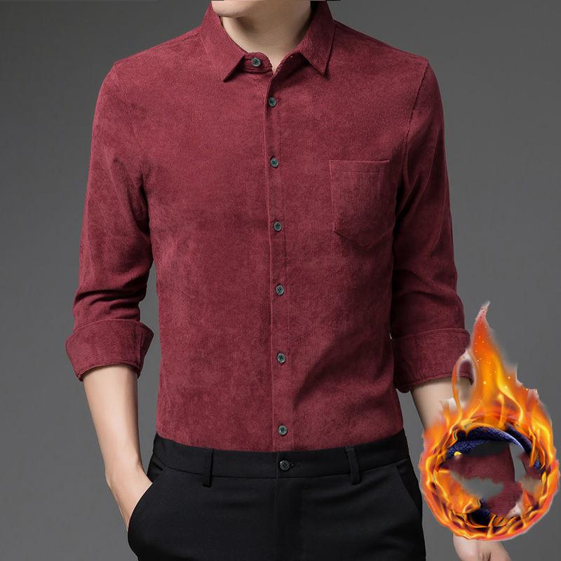 Men's Autumn and Winter Thickened Vintage Shirt Casual Solid Color Long Sleeve Shirt