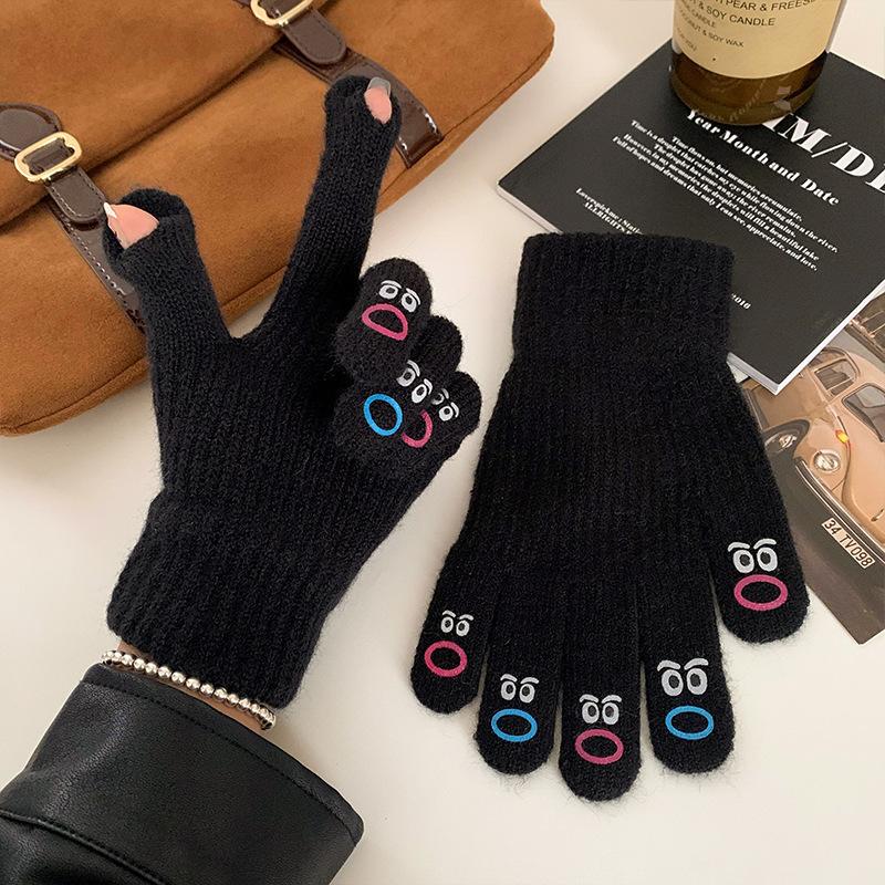 Cute Solid Color Knitted Wool Warm Gloves for Women In Winter with Fingerless Touch Screen Students with Split Fingers To Prevent Cold Cycling Cartoon