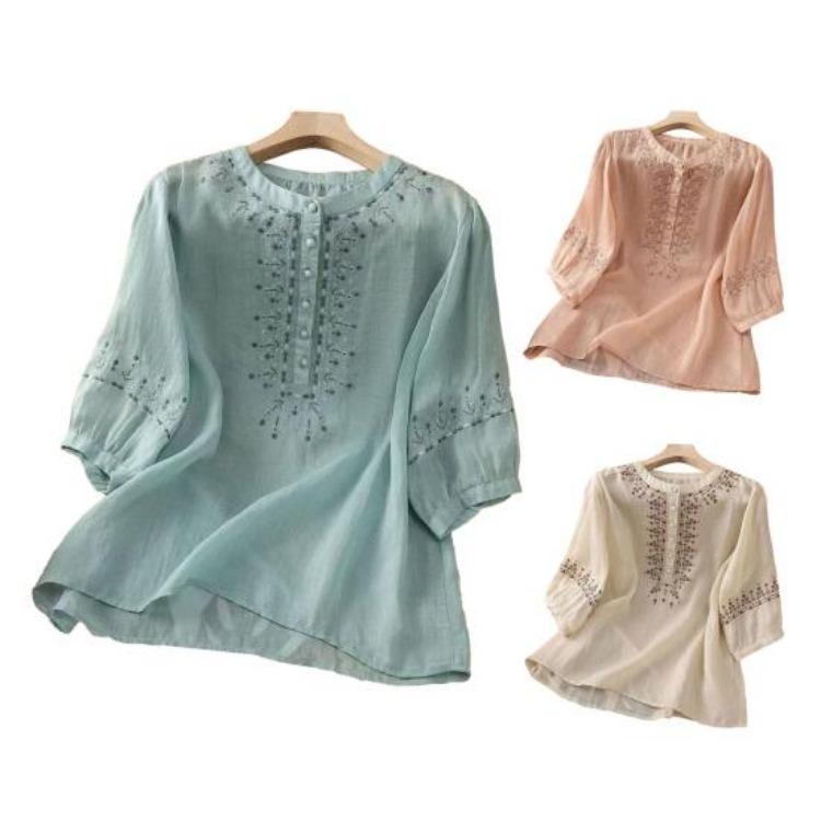 Embroidery Flower Pattern Women Shirt Retro Style Round Neck Pullover Tops 3 4 Sleeve Summer Casual Blouse