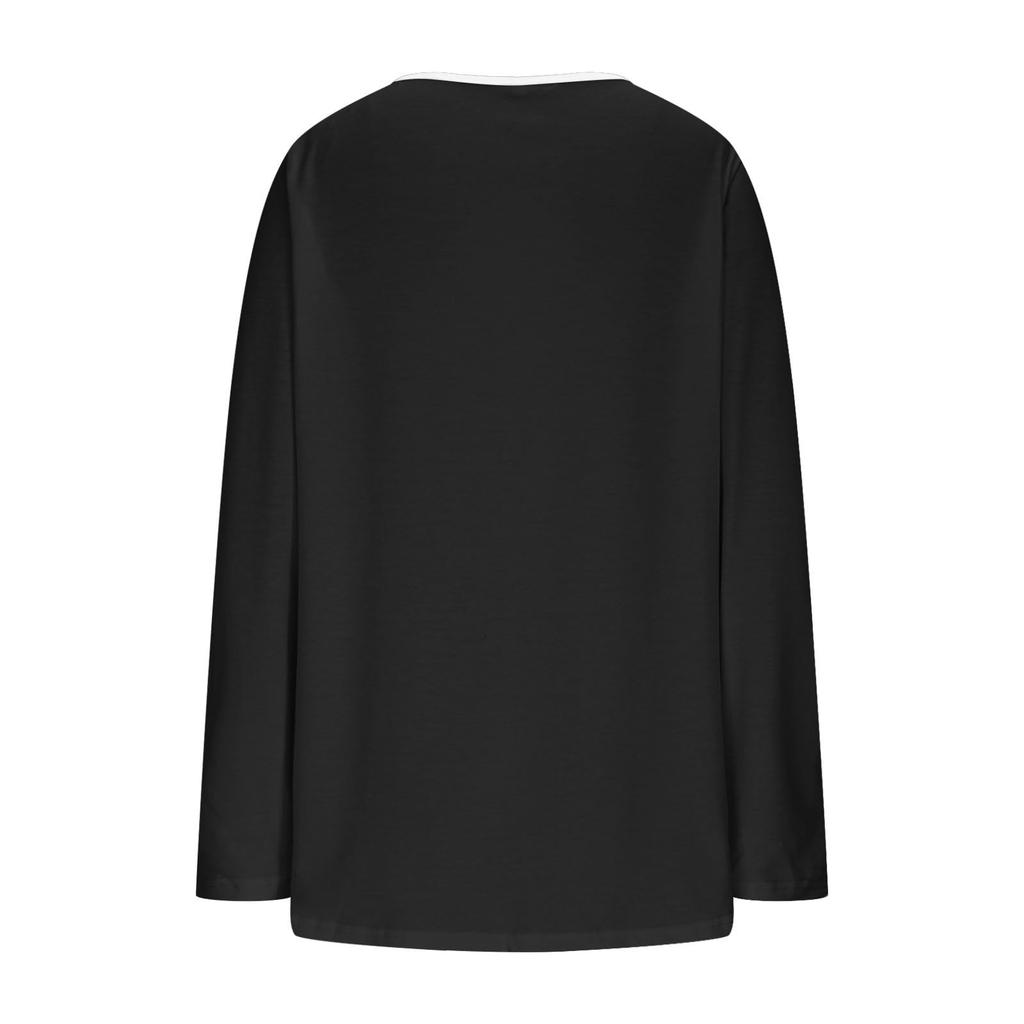 Women's Casual Fashion U-neck Contrast Color Long Sleeve Button T-shirt