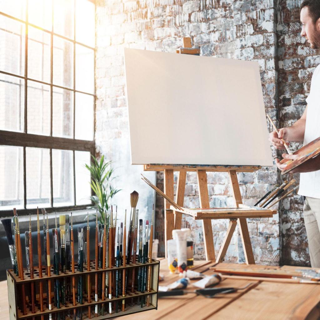 Paint Brush Holder for Artist Wall Mount Brush Rack Wooden Paintbrush Organizer 67 Holes Freestanding Art Supply Container