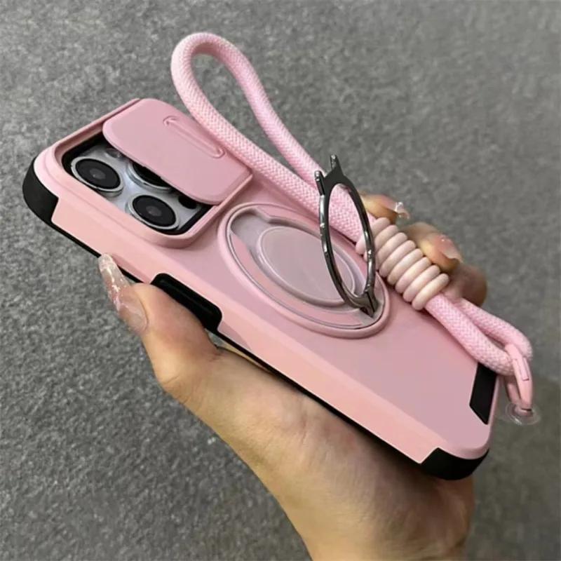 Armor Ring Stand Holder Slide Window Magnetic with Wrist Strap Phone Case for iPhone 16 15 Pro Max 13 12 11 14 Plus Bumper Cover
