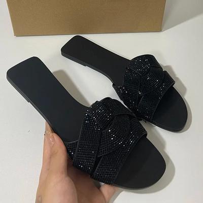 Brand de modă Designer 2024 Vară Șlapi Plati Femei Decorați cu Strălucitoare Diamante Pantofi de Plajă cu Vârf Deschis Pantofi de Plimbare în Aer Liber Doamne Șlapi