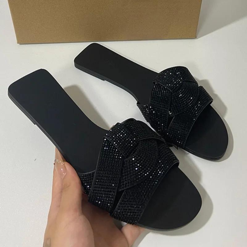 Fashion Brand Designer 2024 Summer Flat Women's Slippers Shining Diamond Decoration Open Toe Beach Shoes Outdoor Walk Ladies Slides